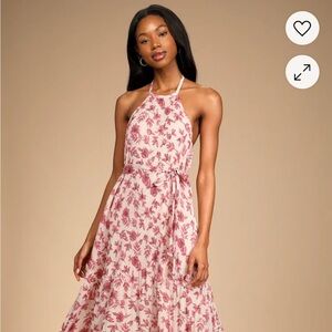 Lulus Extravagant Entrance Cream Floral Pleated Halter Maxi Dress